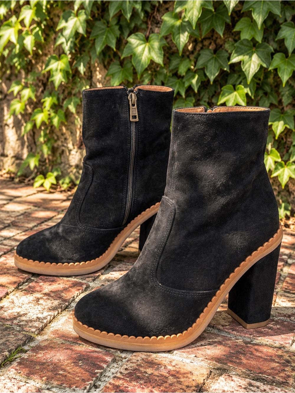 SEE BY CHLOE Black Suede Scalloped Trim Wrapped Heel Luxury Boots, 39